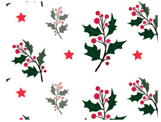 Watercolor holly and mistletoe Christmas seamless pattern. Hand painted holiday plant with red and white berries isolated on white background. Winter floral illustration for design, print, background