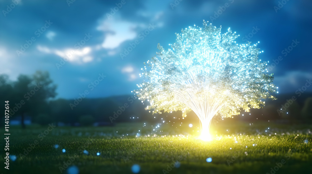 Poster glowing tree in a field at twilight.