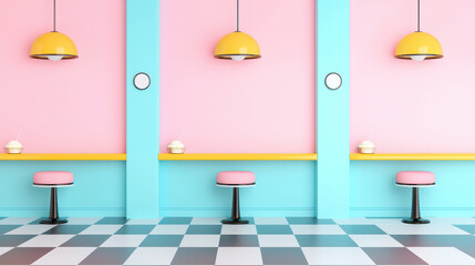 vibrant pastel diner interior with pink and blue walls, yellow accents, and stylish seating creates cheerful atmosphere
