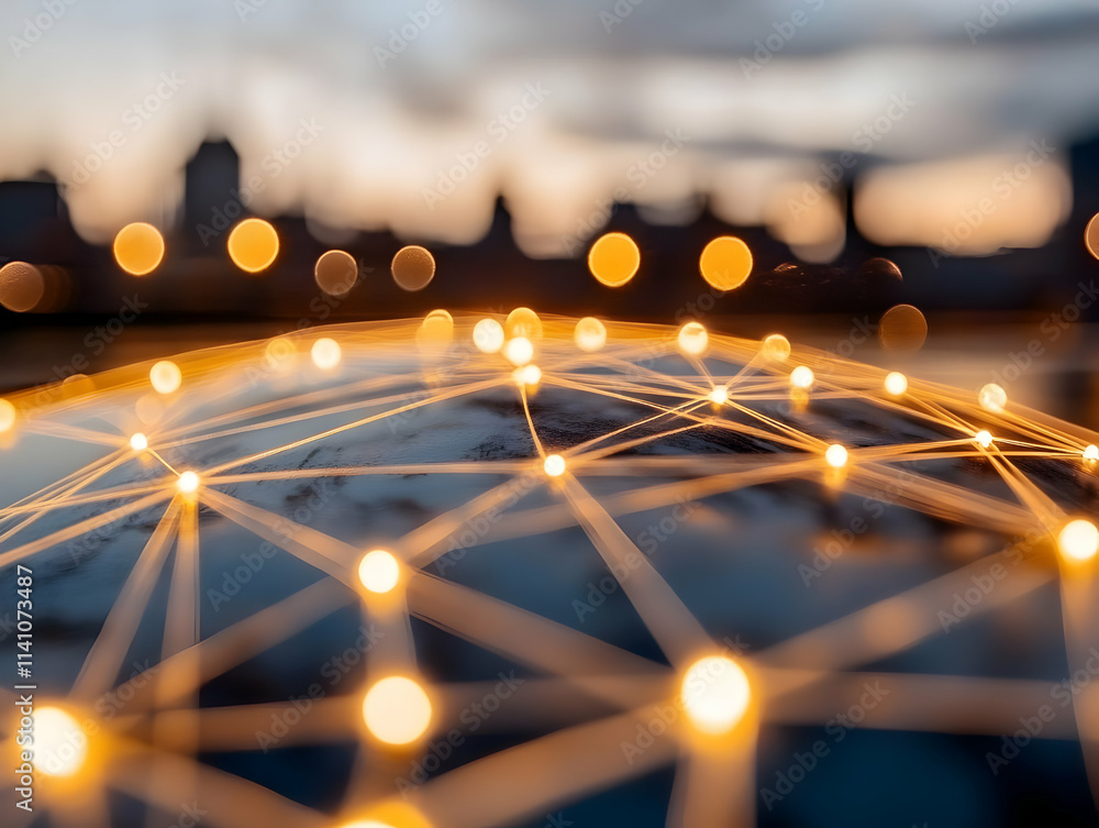Poster global network connection illuminated on a world map at sunset.