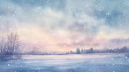 Fototapeta premium Winter watercolor landscape with falling snow, trees, and soft pastel colors in the sky, copy space