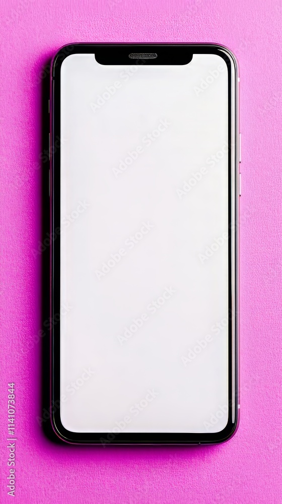 Poster modern, minimalist design of a top view smartphone mock-up displayed at a slight angle on a colored 