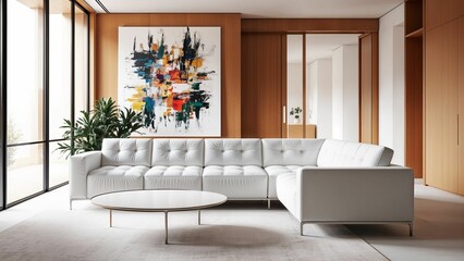 Modern room with white furniture and abstract painting 