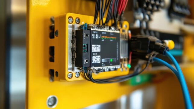 A detailed shot of a smart sensor installed on machinery with wires neatly connected showcasing the intersection of technology and maintenance optimization in a modern manufacturing