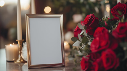 Blank card mock up in a gold frame on the table decorated with red roses and candles
