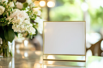 Blank card mock up in a gold frame on the table
