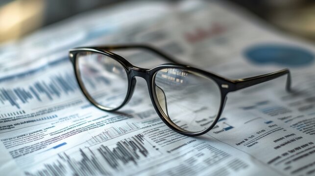 A close view of safety glasses resting on a production table with financial newspapers in the background showing headlines about inflations impact on the economy.