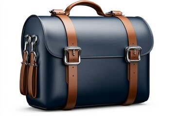 Retro camping backpack featuring leather straps, isolated on a white background