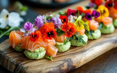 A stylish platter of holiday hors doeuvres featuring avocado mousse, smoked salmon, and edible flowers on a wooden board