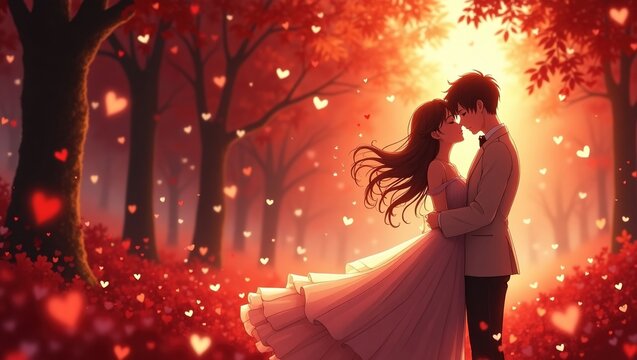 Imagen de pareja abrazada y bes&aacute;ndose en un bosque con luces de coraz&oacute;n, creando una atm&oacute;sfera m&aacute;gica y encantadora