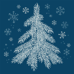 Christmas cards with pine tree and snowflakes. Hand drawn line art vector illustration on blue background.