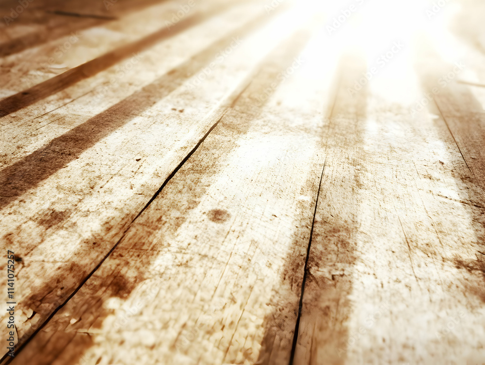 Poster sunbeams illuminate a rustic wooden floor, creating warm light and shadow patterns.