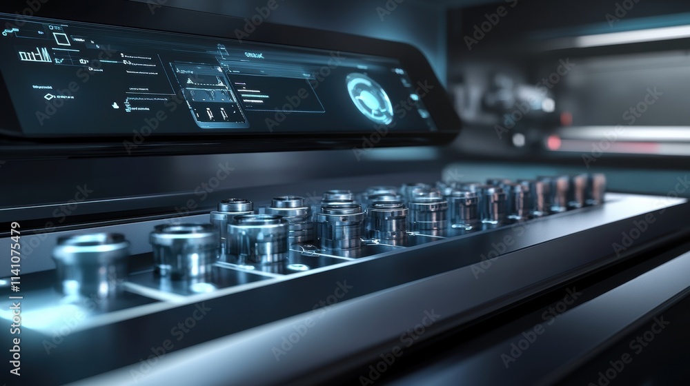 Poster closeup of a sleek robotic gripper skillfully maneuvering parts on a mini conveyor belt while a touc