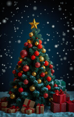 Obraz premium A beautifully decorated Christmas tree with glowing lights, colorful ornaments, and wrapped gifts, creating a cozy holiday atmosphere.