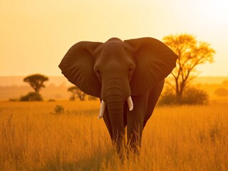 Obraz premium Elephant Walking Through a Golden Savanna During Sunset