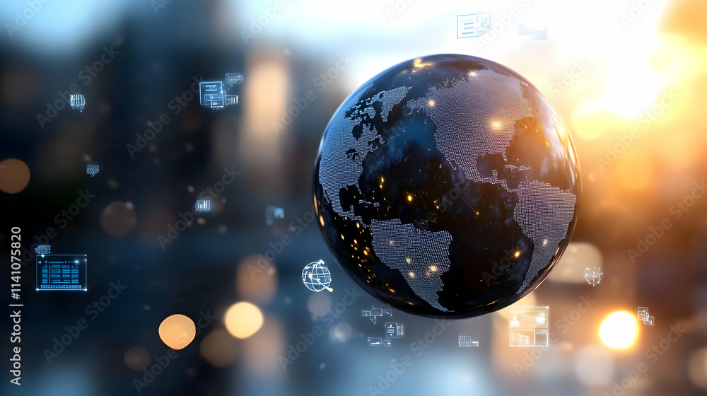 Poster illuminated earth globe with digital icons, representing global network and data flow.