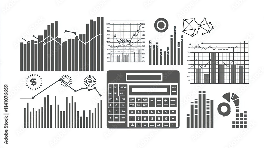 Poster a collection of graphs, charts, and a calculator representing data analysis and finance.