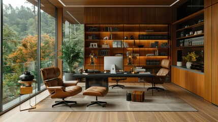 Fototapeta premium Modern office space with wooden accents and a view of nature.