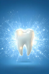 Sparkling clean tooth with bright light burst on blue background.