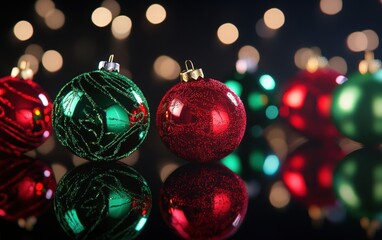 Fototapeta premium A vibrant holiday backdrop with bold red and green LED-lit ornaments arranged dynamically on a sleek black background
