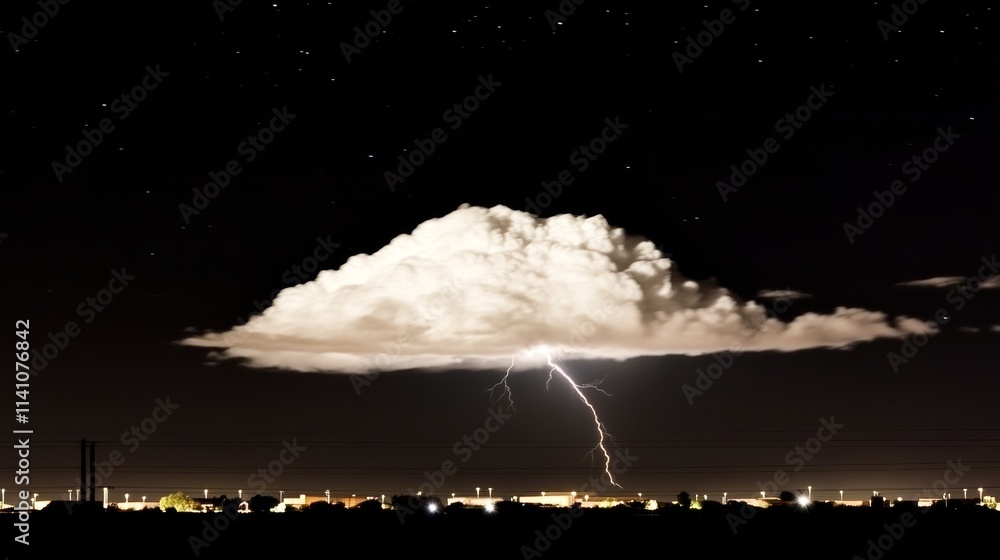 Poster thunderstorm lightning highlighted against darkness. flash of lightning in isolation from dark surro