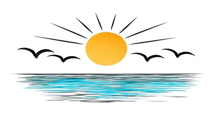 Obraz premium A stylized sunset over the ocean with birds flying, evoking tranquility and nature.