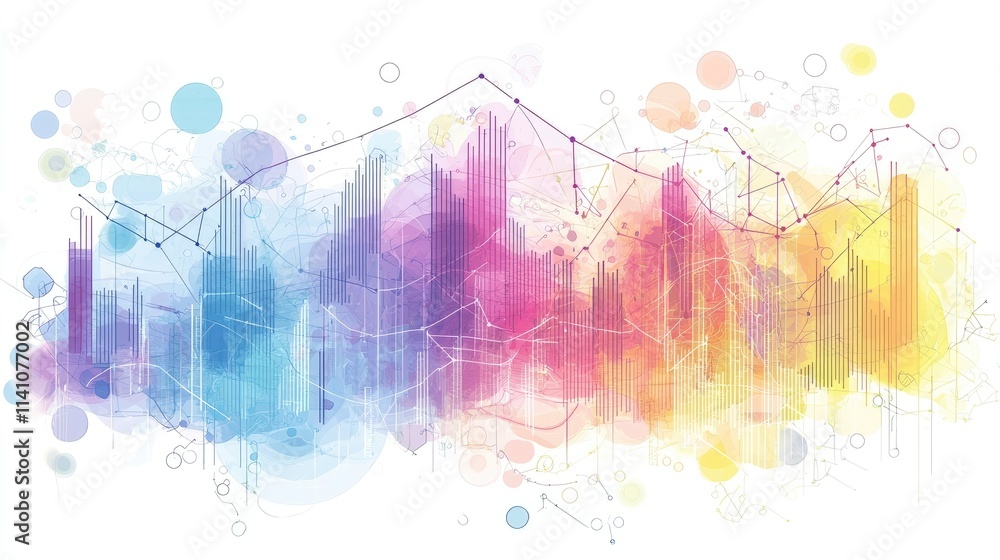 Poster a vibrant, abstract visualization of data trends and analytics in pastel colors.