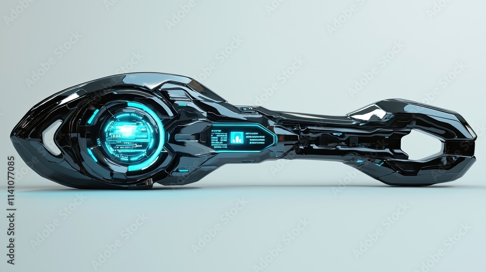 Poster a futuristic, sleek weapon design featuring glowing elements and a high-tech interface.