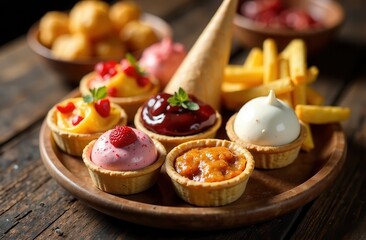 Fototapeta premium Assorted sweet and savory tarts with ice cream and fries on wooden plate