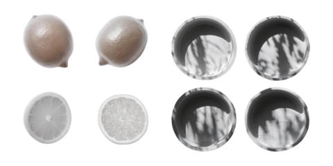 Fresh Lemons and Bowls with Shadows, set collection, mega bundle, isolated on transparent background