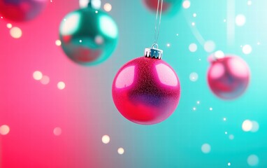 Fototapeta premium A vibrant holiday background featuring floating 3D ornaments in vivid neon pink and turquoise over a gradient background