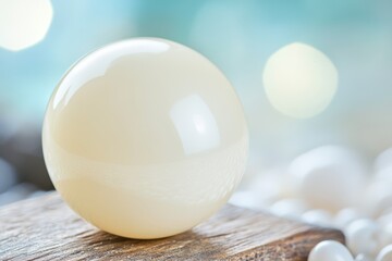 Close-up of a smooth, creamy white sphere on a wooden surface, surrounded by smaller white spheres and a blurred teal background.