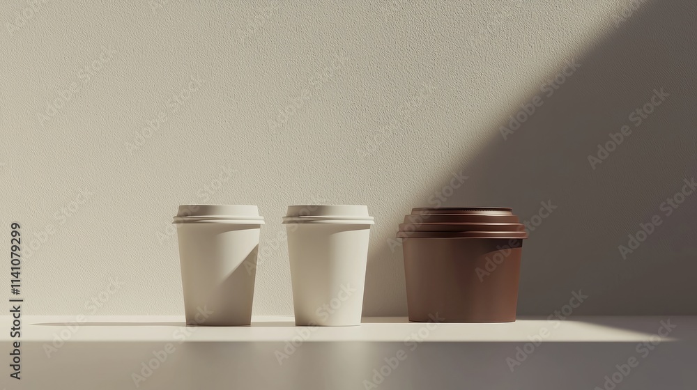 Poster three coffee cups in varying colors and sizes, casting shadows on a simple background.