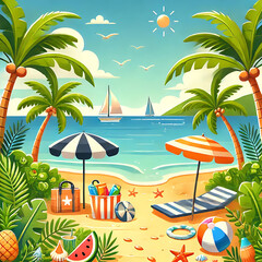 Illustration of Camping Tents Set Up Near the Beach
