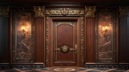 Ornate wooden door with marble and gold accents in a classic interior.