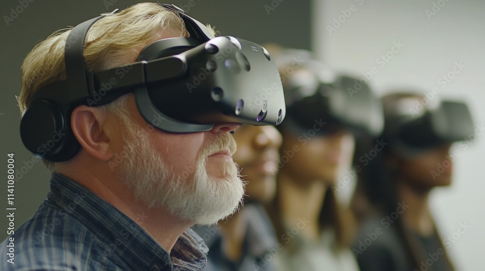 Poster a focused shot of an instructor guiding a group of students through a virtual reality training progr