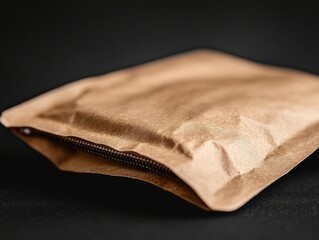 Detailed close-up of a kraft paper pouch showcasing a custom organic coffee blend. The pouch has a zipper closure and a blank label for branding, with a soft focus on the edges