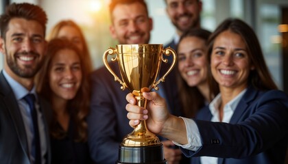 Corporate victory, team success, leadership recognition, marketing material, achievement poster, corporate teamwork, business event promotion.