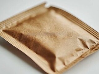 Close-up shot showcases a kraft paper pouch with zipper, highlighting a custom organic coffee label. Soft focus surrounds the pouch, enhancing product details and presentation