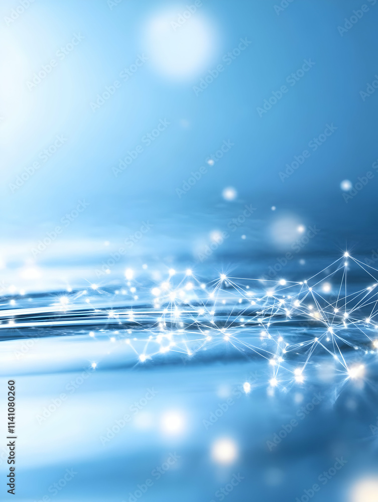 Poster abstract blue network connection background with glowing particles and lines.