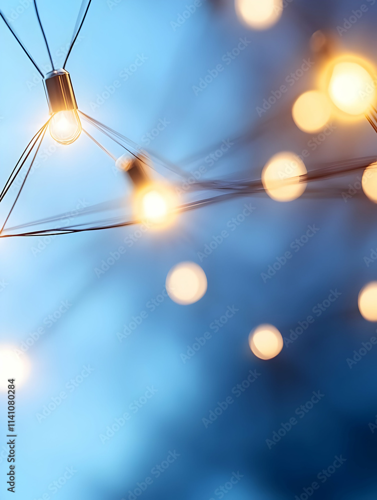 Aufkleber illuminated string lights glowing at dusk, creating a bokeh effect against a blue sky.