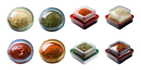 Japanese cuisine condiments and spices in sealed, set collection, mega bundle, isolated on transparent background
