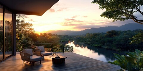 beautiful scene of home balcony view with table set, luxury wooden floor on curved river and green forest background at sunset 