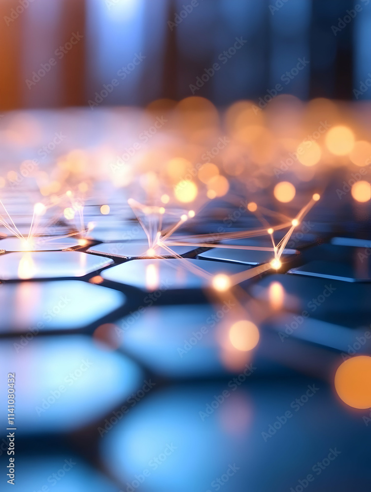 Poster abstract network connections glowing on hexagonal surface.