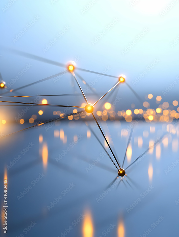 Poster abstract network connection with glowing nodes and lines over blurred city lights.