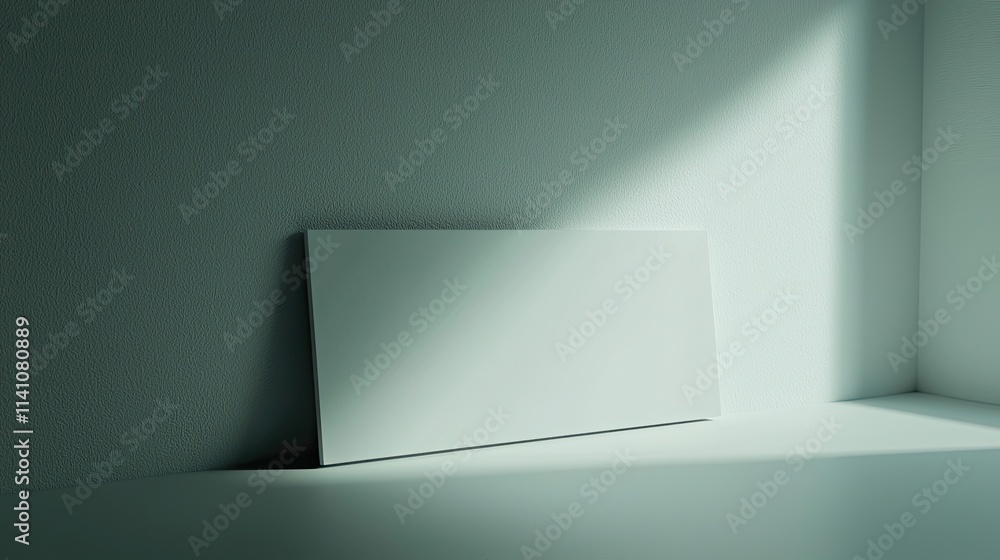 Poster a minimalistic scene featuring a blank rectangular surface illuminated by soft light.