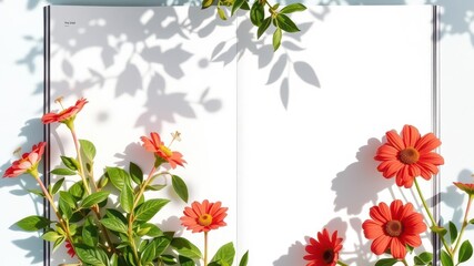 An open magazine mockup displayed with shadows of plants on a customizable background, layout, page