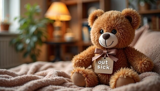  Plush teddy bear sitting on a bed with a "out sick" sign on it.HealingGet well soon cards, hospital visits, thoughtful gifts, sympathy cards, healing messages, cozy, comfort-themed marketing, childre