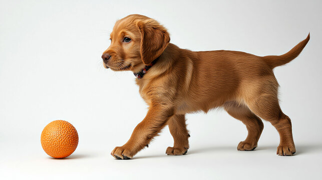 Adorable fox red Labrador puppy walking towards an orange ball.