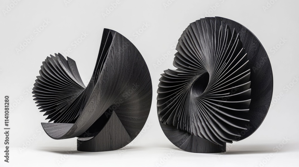 Poster abstract sculptures showcasing dynamic forms and intricate details in a monochromatic palette.